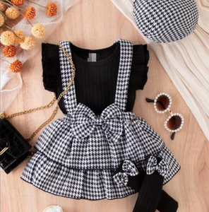 أزياء جديدة للفتيات الصغيرات + تنورة حمالة منقوشة + قبعة طقم طفل حديث الولادة ثلاث قطع - Product Image 4