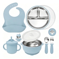 Ensemble de vaisselle pour bébé en acier inoxydable 304, assiette à forte succion, bol avec couvercles, fourchette, cuillère, bavoir, ensemble de vaisselle pour enfants, vente en gros