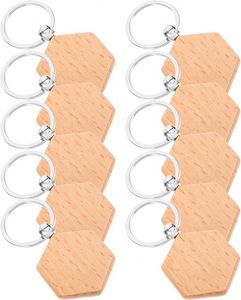 Porte-clés vierges en bois de hêtre, tranches hexagonales, anneaux en fer, non finis, pour gravure laser, pyrogravure, accessoires cadeaux personnalisés - Product Image 2