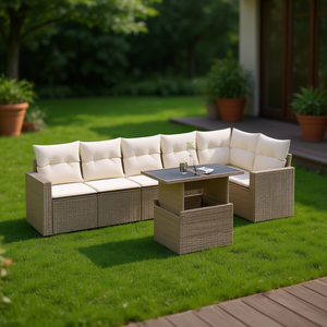 Conjunto de Sofás Grandes para Jardín, Color Beige, Ratán Sintético, Estructura de Acero con Recubrimiento en Polvo, Muebles de Exterior para 6 Personas, Diseño Premium - Product Image 2