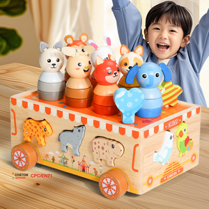 Jouet en bois personnalisable de qualité supérieure, animaux de cirque à tirer, ensemble de jeu roulant exquis, OEM/ODM, divertissement éducatif sûr pour - Product Image 1