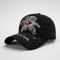 Casquette de baseball noire, peinte à la main, motif floral, design personnalisé, détails de peinture éclaboussée, sangle réglable, unisexe, streetwear