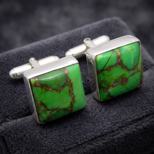 Gemstone de Cobre Turquesa y Plata de Ley 925 para Gemelos de Camisa, Gemelos Lisos y con Tachuelas, Joyería para Hombre - Product Image 5