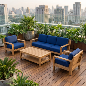 Conjunto de Muebles de Jardín Modernos de Madera de Teca con Cojines Azul Marino Intenso - Product Image 4