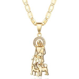 Collier pendentif Saint Lazarus en alliage plaqué or 18 carats avec zircone cubique, breloque religieuse, chaîne Figaro, amulette tendance - Product Image 3