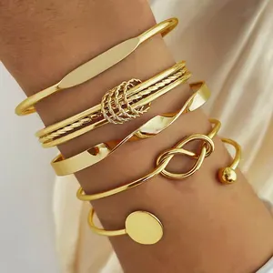 HSJ-37 Atacado Simples Mão Jóias Metal Liga Bola Redonda Nó Geométrica 5pcs Gold Cuff Bangle Bracelet Kit