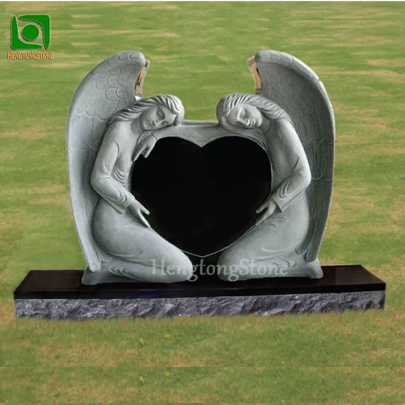 Ange personnalisé en granit gris de cimetière sculpté à la main tenant une pierre tombale de conception de coeur