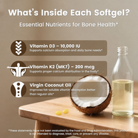 Gélules de Vitamine D3 K2 MK-7 10000 UI 200 µg à l'Huile de Coco, Complément Alimentaire, 300 Unités, Sans Soja, Sans Produits Laitiers, Sans Gluten