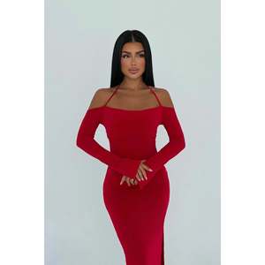 Vestido de Gala Rojo con Lentejuelas y Cintura Imperio para Mujer, de Manga Larga y Largo hasta el Suelo, Ideal para Bodas, Banquetes y Fiestas - Product Image 2
