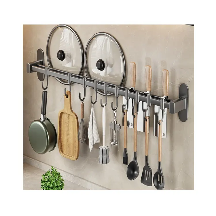Punch-free Kitchen Hook Wall Hanger for Knife Spoon Pot Lid Holder Cooking Utensil Rack with Sliding Hooks Gray Hanging Rod