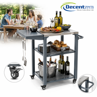 Chariot de barbecue robuste avec surface de service en acier inoxydable, étagère extensible noire et roulettes verrouillables