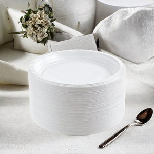 Assiettes jetables rondes en bagasse blanches de 9 pouces, robustes, compatibles micro-ondes, pour fêtes décontractées, lot de 200 - Product Image 3