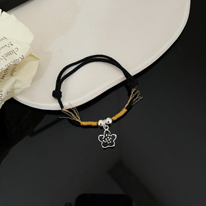 Ruitai S925 Sterling Silver Hand-Woven Black <b>Rope</b> Flower Charm <b>Bracelet</b> Unisex Everyday Wear Mixed Materials Weaving Design - Product Image 2