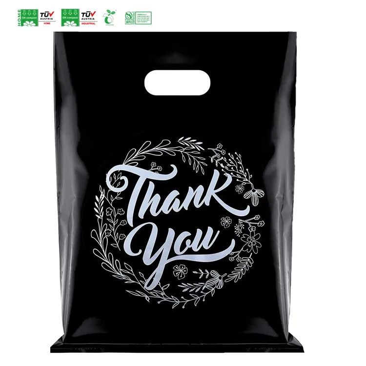 Custom printing eco friendly heavy duty bio degradable compostable thick die cut patch shopper shopping plastic packing bags