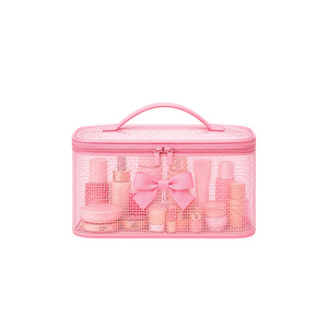Pink Mesh Cosmetic Bag With Bow Large Capacity Portable Makeup <b>Storage</b> Tote Grid Pattern Middle Size - Product Image 1