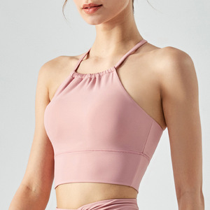Women Halter Criss Cross <b>Back</b> Yoga Crop Tank <b>Top</b> Padded Stretch Athletic Sports Bra <b>Low</b> Support Pilates Gym Workout Active Wear - Product Image 1