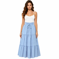 Jupe mi-longue évasée à taille haute élastique avec cordon de serrage, style européen et américain, élégante et fluide, à manches courtes.