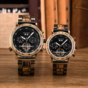 Professionnel de haute qualité en bois bracelet en acier inoxydable noir luxe automatique montre-bracelet Quartz hommes montres mécaniques