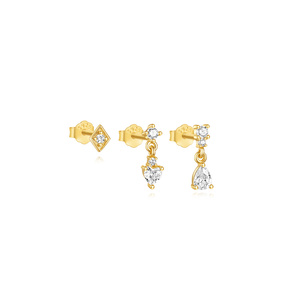 Nouvel arrivage : Boucles d'oreilles créoles dorées, lot de 3 pièces, avec pampilles, étoile à quatre branches et zircon géométrique - Product Image 1