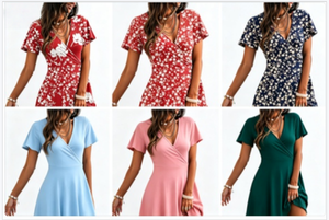 Vestidos de verano con cintura fruncida y diseño cruzado para adultos, colores y estampados surtidos, envío de paquete aleatorio. - Product Image 5