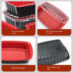 Boîte à lunch rectangulaire jetable rouge et noire de 22 oz, qualité alimentaire commerciale, avec couvercle OPS, 700 ml, en PP épais, pour sandwichs, salades, pains, qualité export - Product Image 3