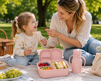 Ensemble de boîtes à lunch en silicone personnalisées pour enfants avec gourde anti-fuite à oreilles d'ours, conteneur bento compartimenté, OEM ODM, logo couleur