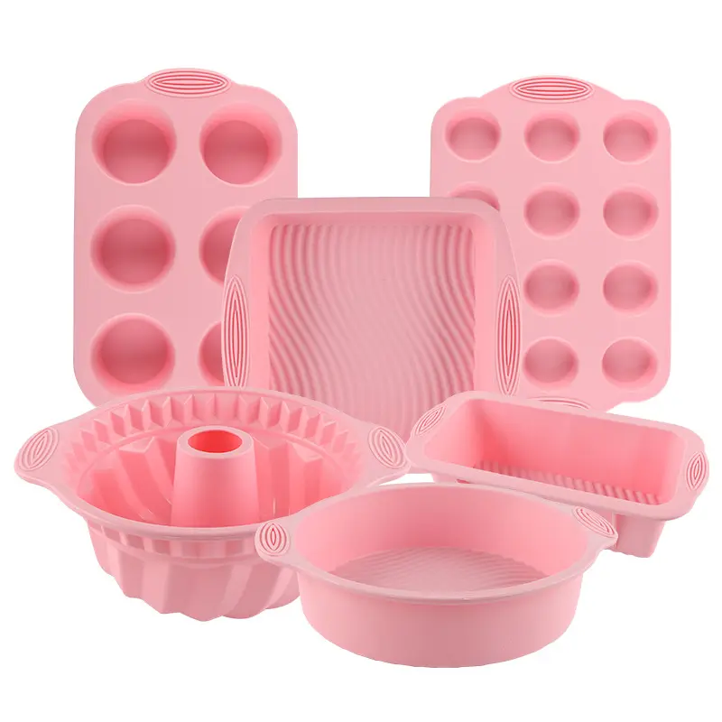 Set alat panggang silikon, 6 buah Set alat kue lembaran kue silikon cetakan kue Baking Pan Set untuk Muffin roti Pizza