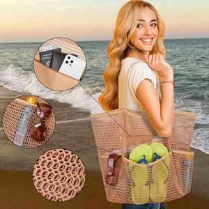 Bolsa de Playa Grande de Malla para Mujer, Bolsa de Almacenamiento de Malla con Múltiples Bolsillos, Portátil, para Viajes de Verano y Piscina - Product Image 3
