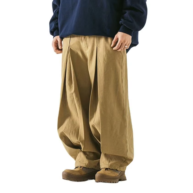 Hot Sale Men's 100% Cotton Canvas Elastic Waist Pleat Wide Leg Balloon Pants Baggy Casual Trousers High Eco-Friendly Breathable