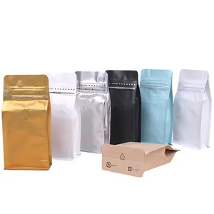 Custom Printed Roasted Bean Flat Bottom Zip Lock Coffee Packaging Bags With Valve 8oz 12oz 16oz Mocha Coffee Bags