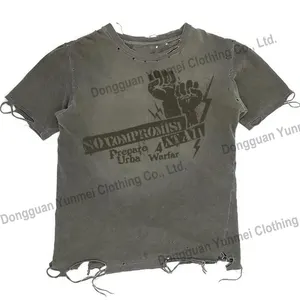 Herstellung schwergewicht vintage acid-wash t-shirt streetwear tee t-shirt kundenspezifisch vintage Loch zerrissen distressed t-shirt für herren