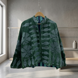 Wholesale Factory Custom <b>Women</b> Heavy Thread Embroidery Forest <b>Green</b> <b>Velvet</b> Breathable <b>Jacket</b> Casual Open Front Stand Collar Long - Product Image 1
