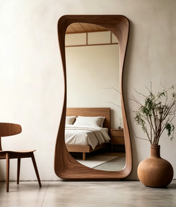 Large Walnut Wood Art Deco Wall <b>Mirror</b> <b>Irregular</b> Framed Full Length Hanging Glass Luxury Bedroom Living Room Bathroom Home Decor - Product Image 1