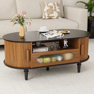 Table basse en bois SENYU de style moderne du milieu du siècle avec étagère de rangement, design ovale, meubles de salon, finition naturelle, plateau noir - Product Image 1