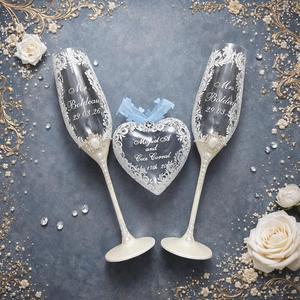 Copa de Cristal Templado Sostenible Hecha a Mano de Lujo Personalizada con Perlas y Diamantes para <span class=keywords><strong>Flautas</strong></span>, Personalizada para Mr. y Mrs. Aniversario - Product Image 1