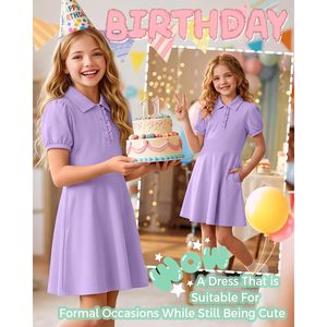Robe Polo Uniforme Fille à Manches Bouffantes Volants Boutonnée Coupe Skater en Coton Tricoté - Product Image 5