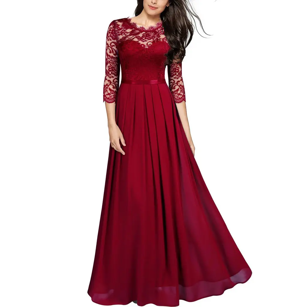 Yixin Oem Odm Avondjurken O-hals Kant Maxi Lengte Effen Kleur Chiffon Avondjurk Jurk Elegante Luxe Avondjurken