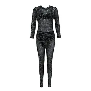 Zierleiste Jumpsuit dreiteiliges Set durchsichtig Shinny Crystal die neueste Mode Netz Spitze Stoff Rundhalsausschnitt Damen Damen Stil schwarz