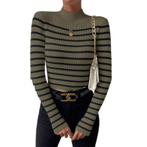 Suéter Casual de Mujer, Corte Ajustado, a <span class=keywords><strong>Rayas</strong></span>, <span class=keywords><strong>Manga</strong></span> <span class=keywords><strong>Larga</strong></span>, <span class=keywords><strong>Cuello</strong></span> <span class=keywords><strong>Alto</strong></span> Acanalado, Moderno y Cálido para Otoño e Invierno - Product Image 3