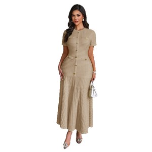 Nuovo Stile Abito da Donna con Bottoni e Orlo a Balze, Linea ad A, in Crepe Tinta Unita, Elegante e Casual per l'Ufficio, a Maniche Corte, per l'Autunno - Product Image 1