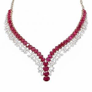 Ensemble de collier classique en rubis naturel ovales, artisanat haut de gamme, bijoux fins, design étincelant en rubis ovale et diamants pour mariage - Product Image 1