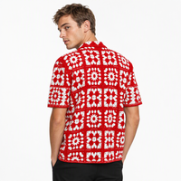 Benutzerdefiniertes LOGO Herren Häkelhemd Granny Square Weiße Knöpfe Kurzarm Ausbreitkragen Rot Sommer Polyester OEM & ODM Fabrik