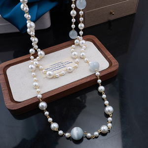 <b>Long</b> Women's Faux Pearl Beads <b>Necklace</b> Morantie Cat's-Eye Stones Multi-Layer Style Sweater Chain High-End Decorative Multi-Layer - Product Image 1