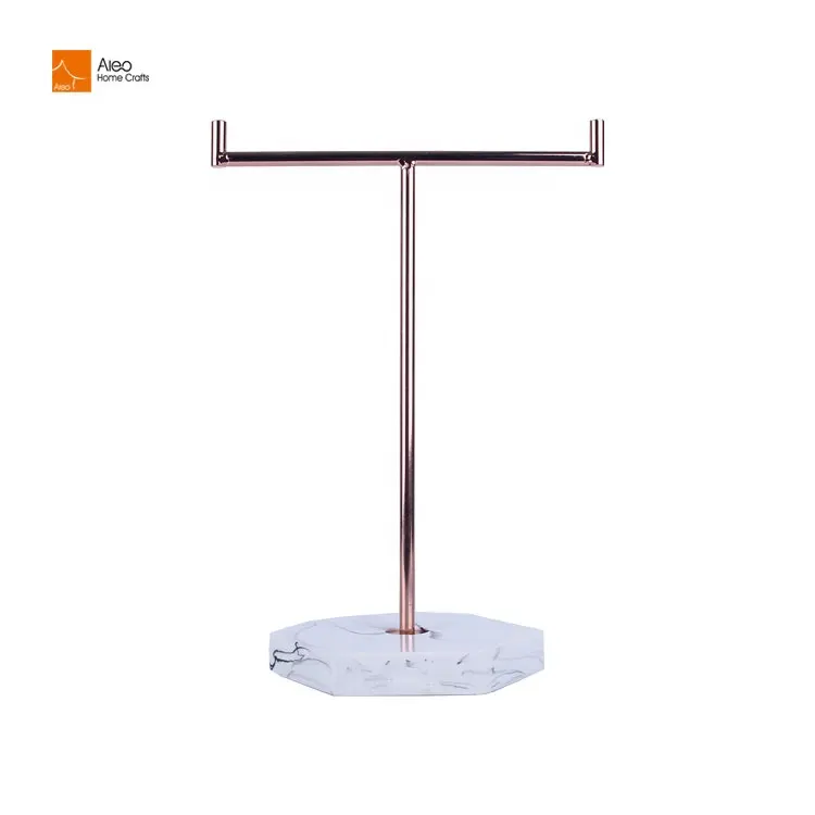 Custom Luxury Rose Gold Metal Jewelry Ring Display Stand Holder With Polyresin White Marble Base