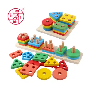 Children Montessori Sorting Stacking Toy Building Blocks Wooden Geometrical Shape Color Cognition Matching Blocks Column Toys