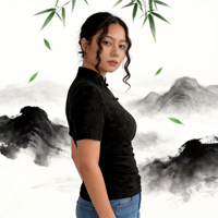T-shirt rétro style chinois à manches courtes avec boutons grenouille - Haut décontracté noir brodé pour femme