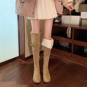 Black Chunky Heel Knee <b>Boots</b> with Lace-Up Closure Genuine Leather Upper Padded Heel Lining 8.5cm Platform Sole - Product Image 2