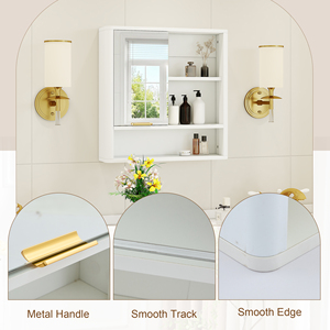 Armoire de salle de bain moderne avec miroir, rangement mural avec étagères ouvertes, armoire à pharmacie étanche avec accents dorés - Product Image 6