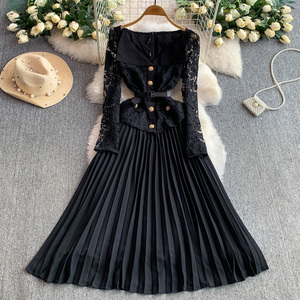 Abito con risvolto in pizzo stile principessa francese abito da donna autunno lusso in metallo con cintura a pieghe per uno stile elegante - Product Image 2
