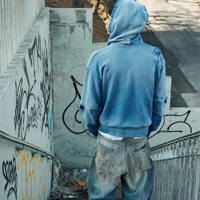 Sudadera con capucha y cremallera para hombre, estilo urbano, 100% algodón, estampado con salpicaduras de pintura, oversize, lavada, desgastada y rasgada